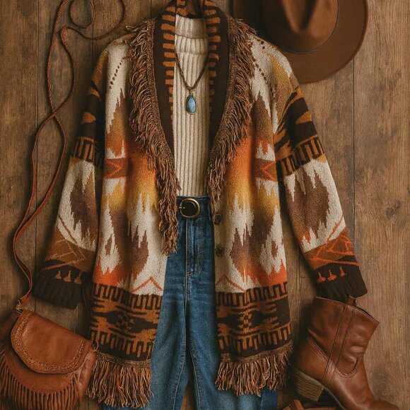 New Aztec Western Native Knit Oversized Sweater Cardigan Womens - Picture 1 of 6